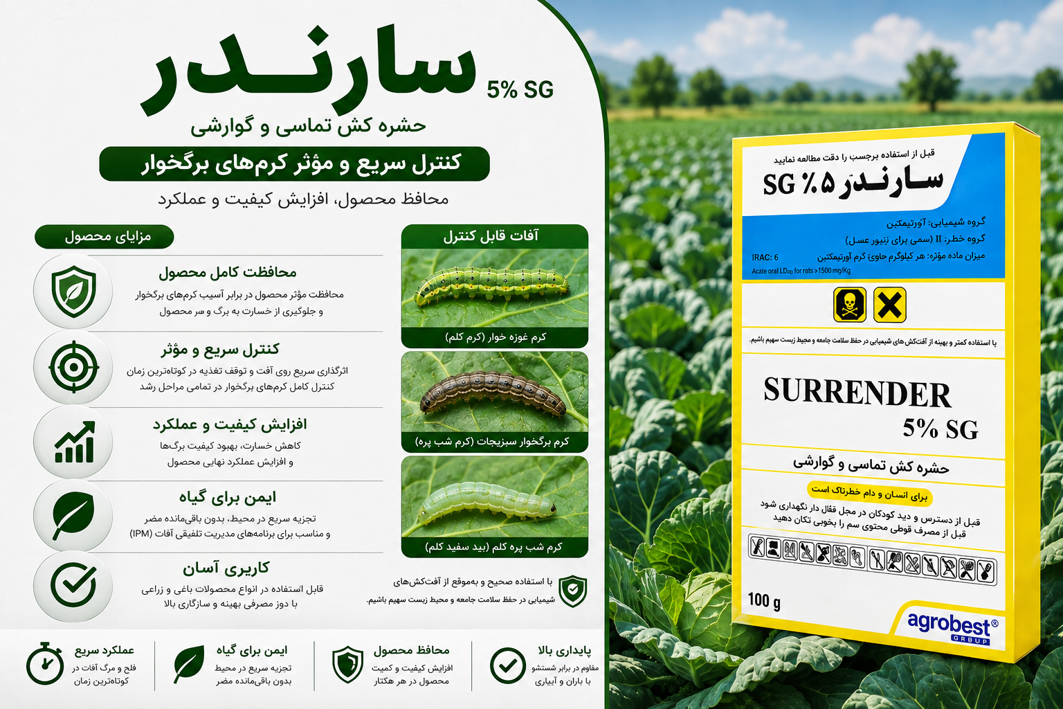 سم حشره‌کش سارندر 5% SG – SURRENDER (امامکتین بنزوات)اگروبست ترکیه ۱۰۰گرمی