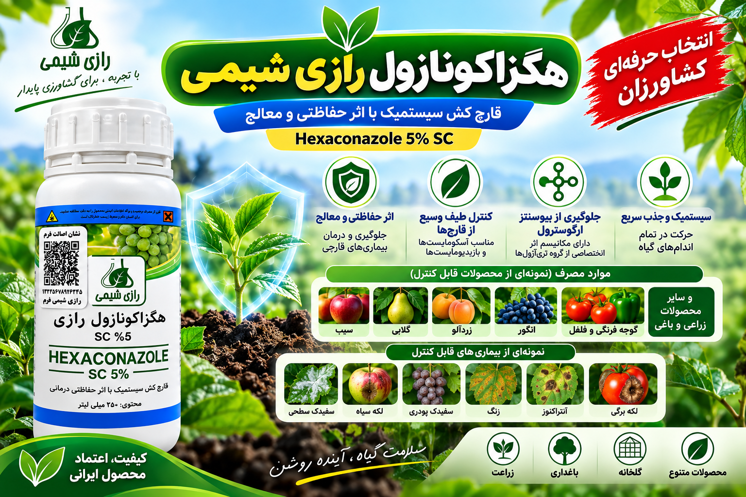 خرید هگزاکونازول رازی شیمی ۵٪ SC | قارچ‌کش سیستمیک با اثر حفاظتی و درمانی