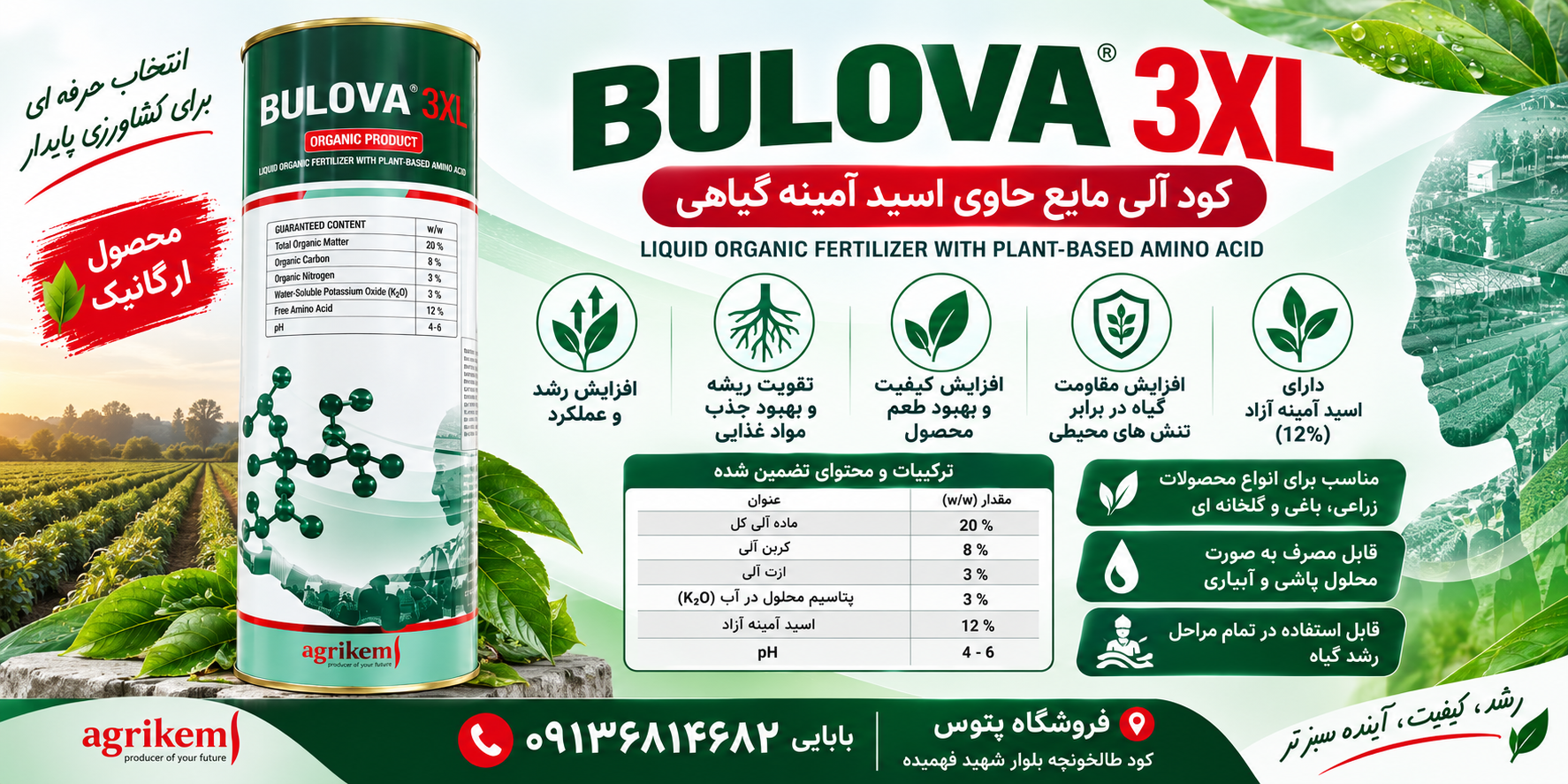 کود اسید آمینه بولوا 3XL | BULOVA 3XL ترکیه، بسته بندی ۲ لیتری